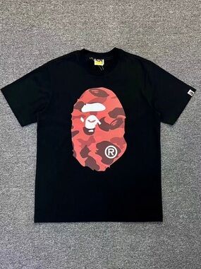 Bape Black Short Sleeve Tee with Red Camo Ape Head